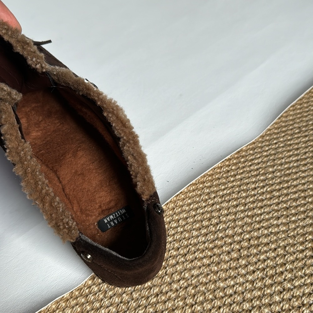 Stuart Weitzman Shoes 7.5 M Sherpa Trimmed Slip On  Brown Suede buckles - Picture 6 of 8